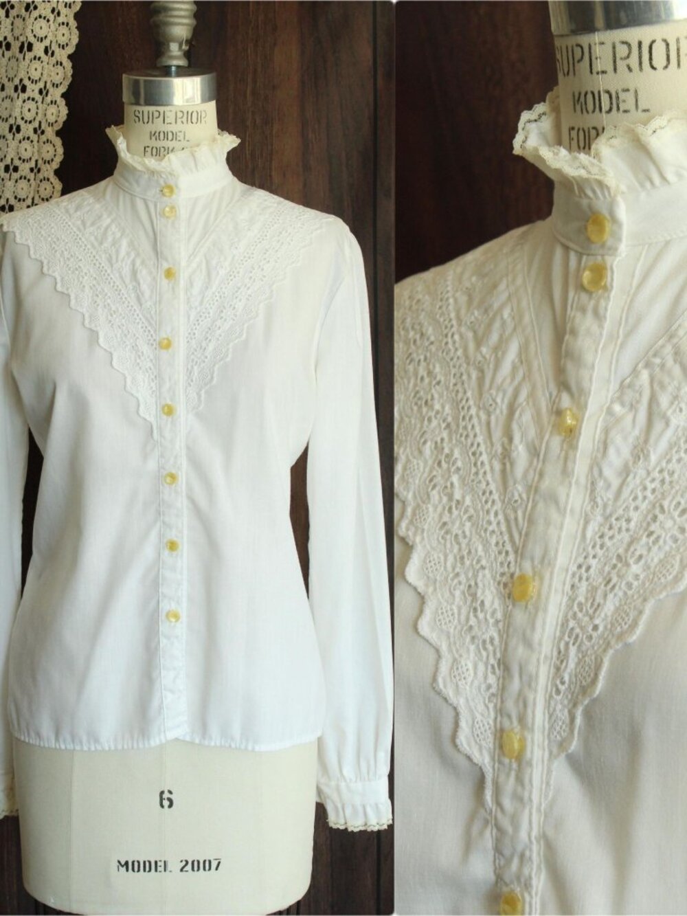 Vintage 1970s Blouse, Rio New Edwardian White Shirt with Lace Blouse, Victorian